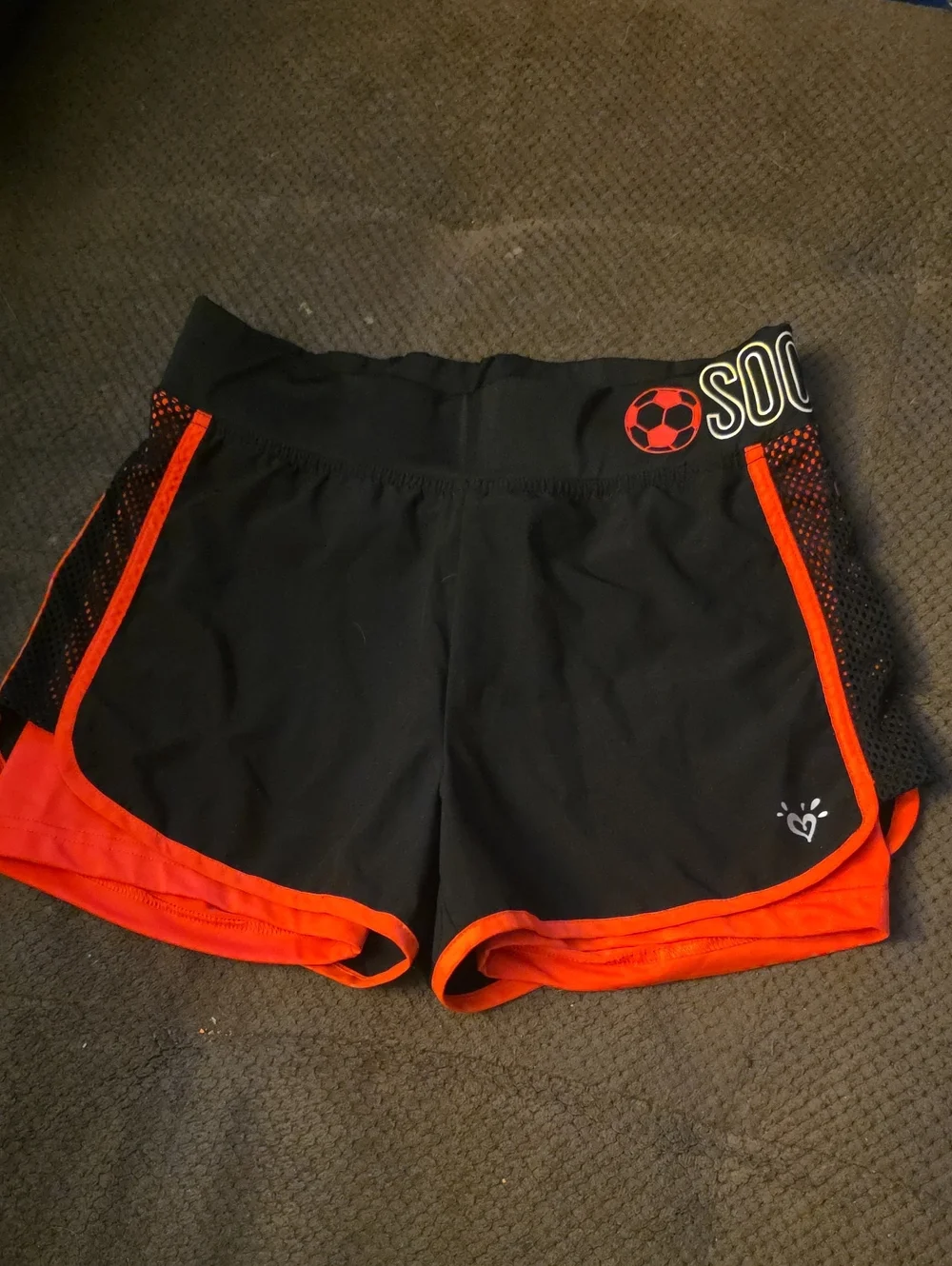 JUSTICE: Girls Black & Orange Athletic Shorts With Soccer Logo
